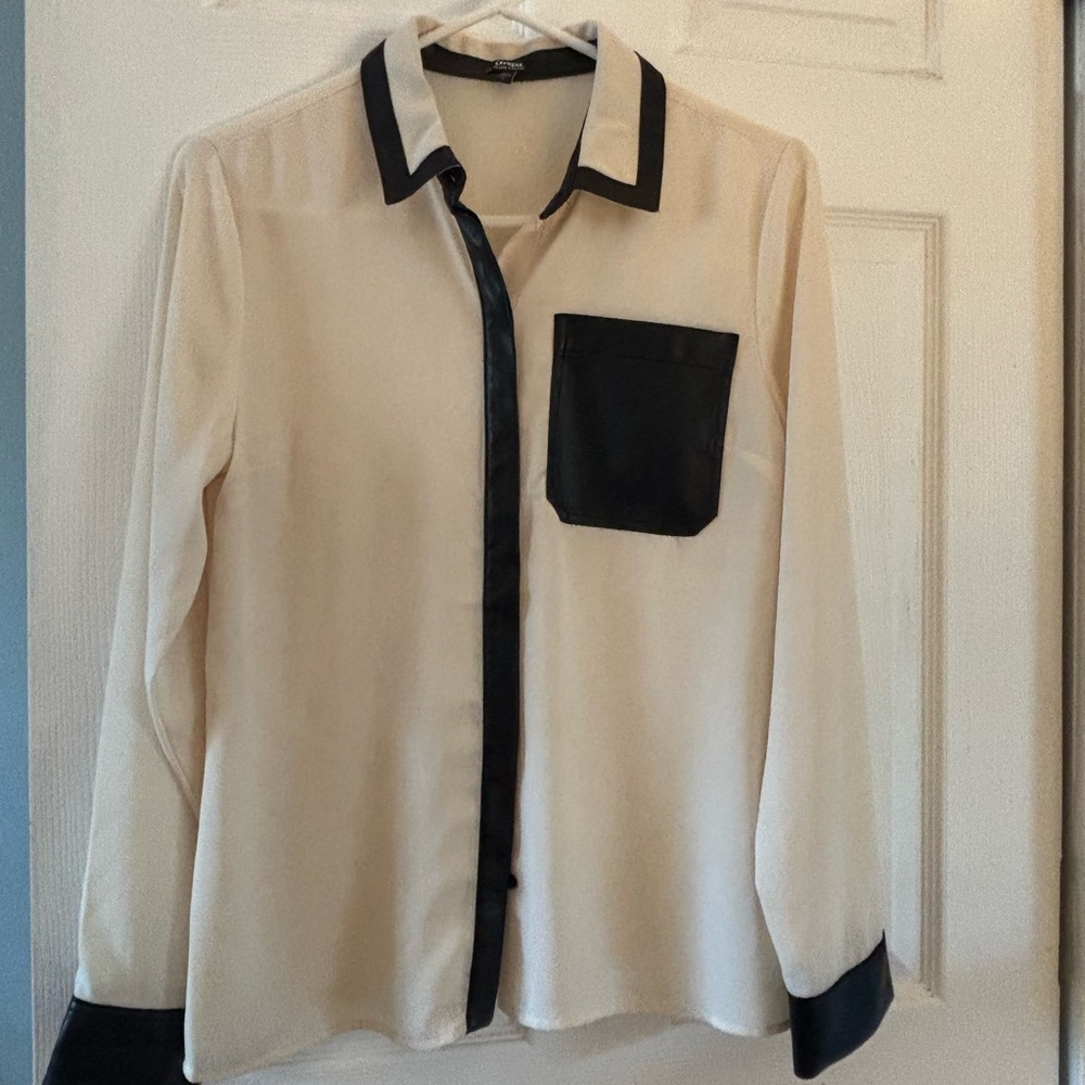 Express Cream and Black Relaxed Portofino Blouse faux black leather trim